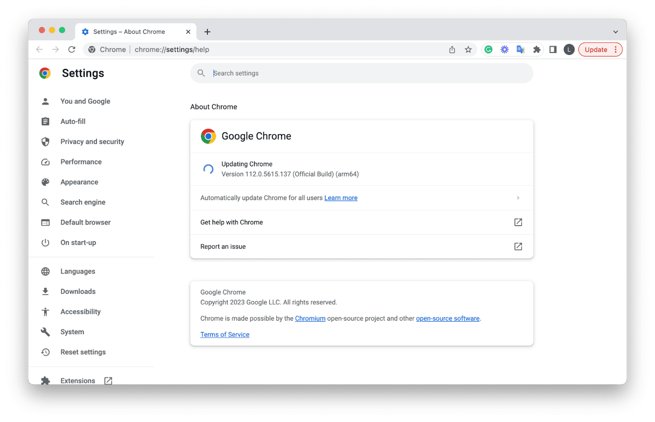 Chrome Settings &ndash; updates