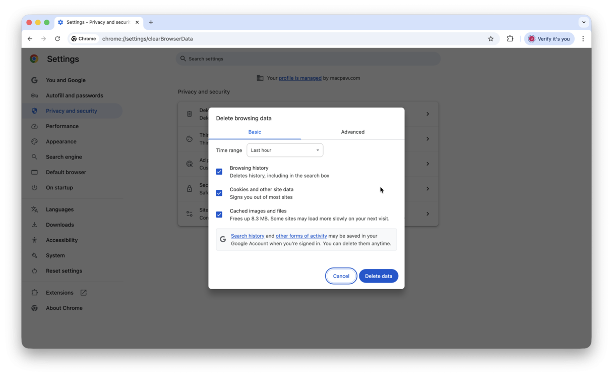 How to delete Chrome browser data