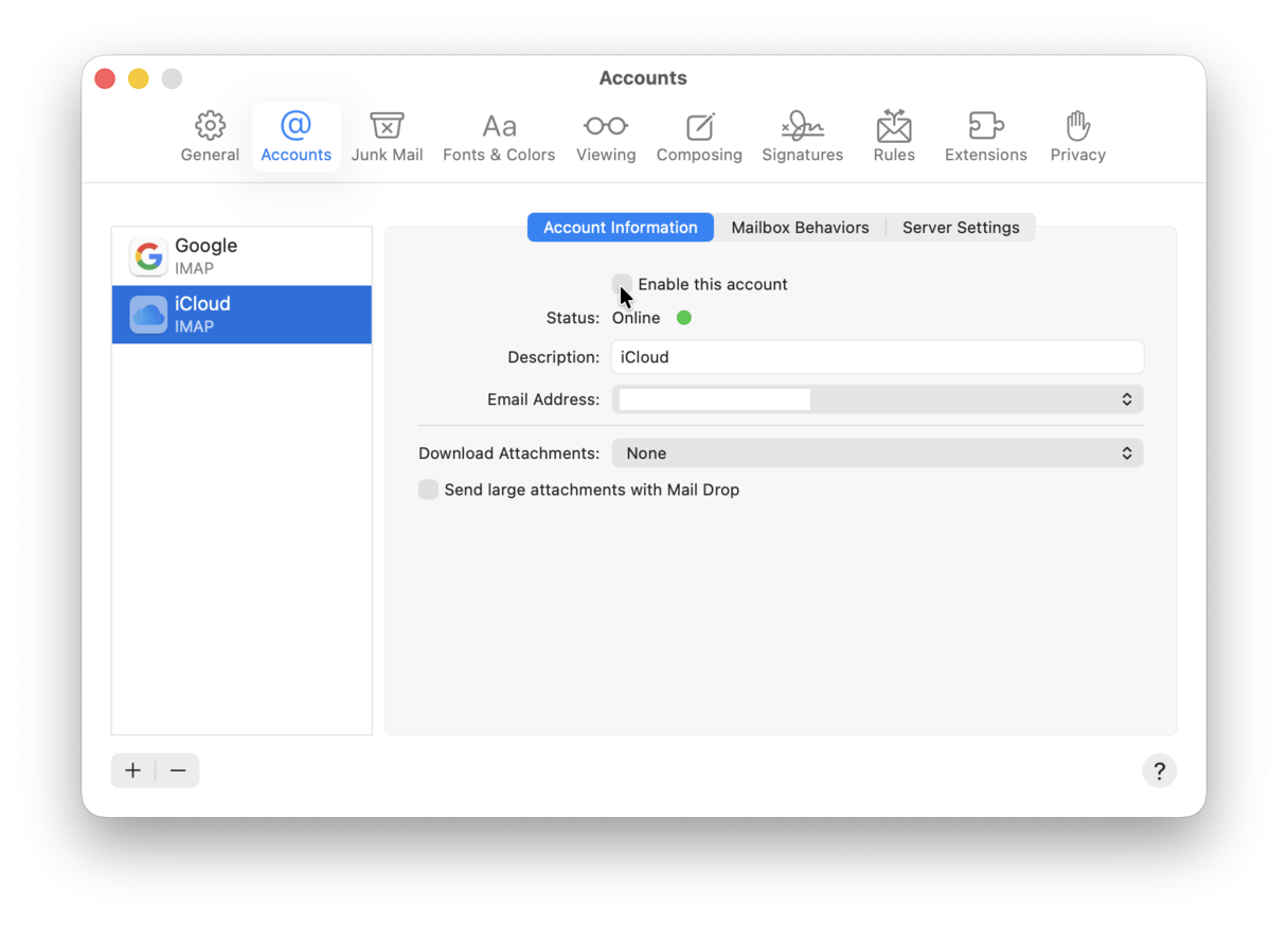 How to disable a Mail account on Mac