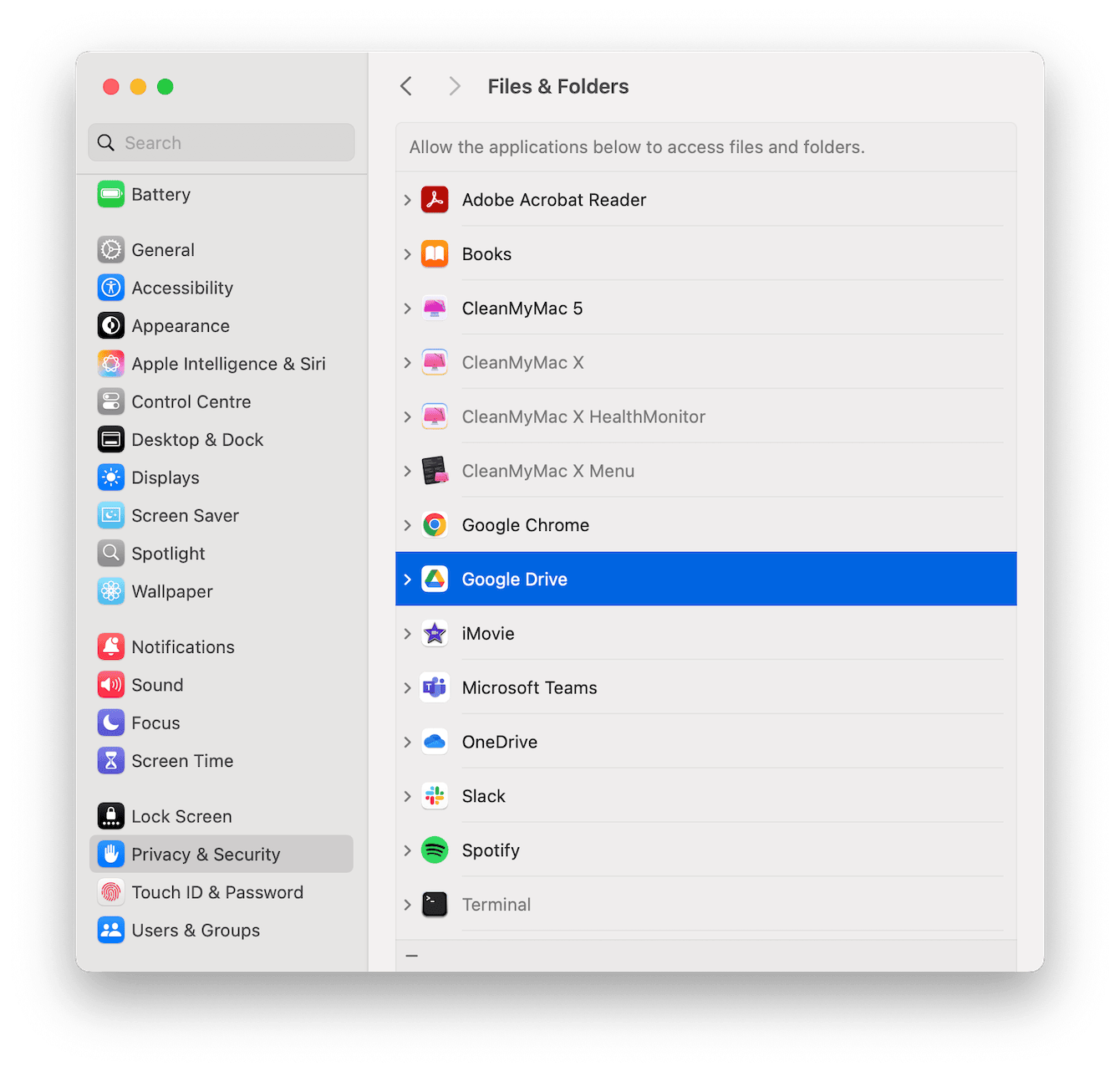 Files and Folders in System Settings