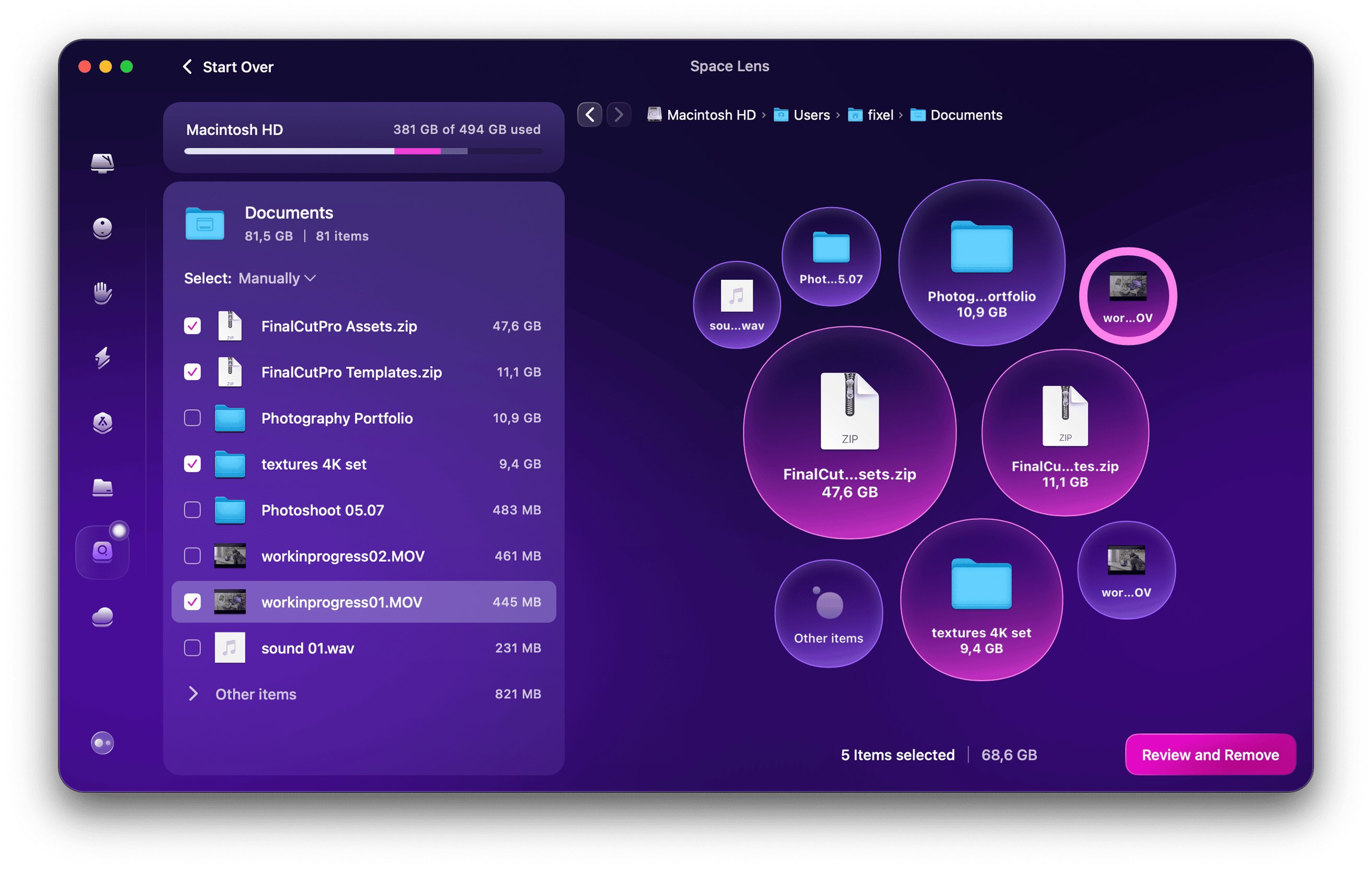 Detailed information in SpaceLens module of CleanMyMac X