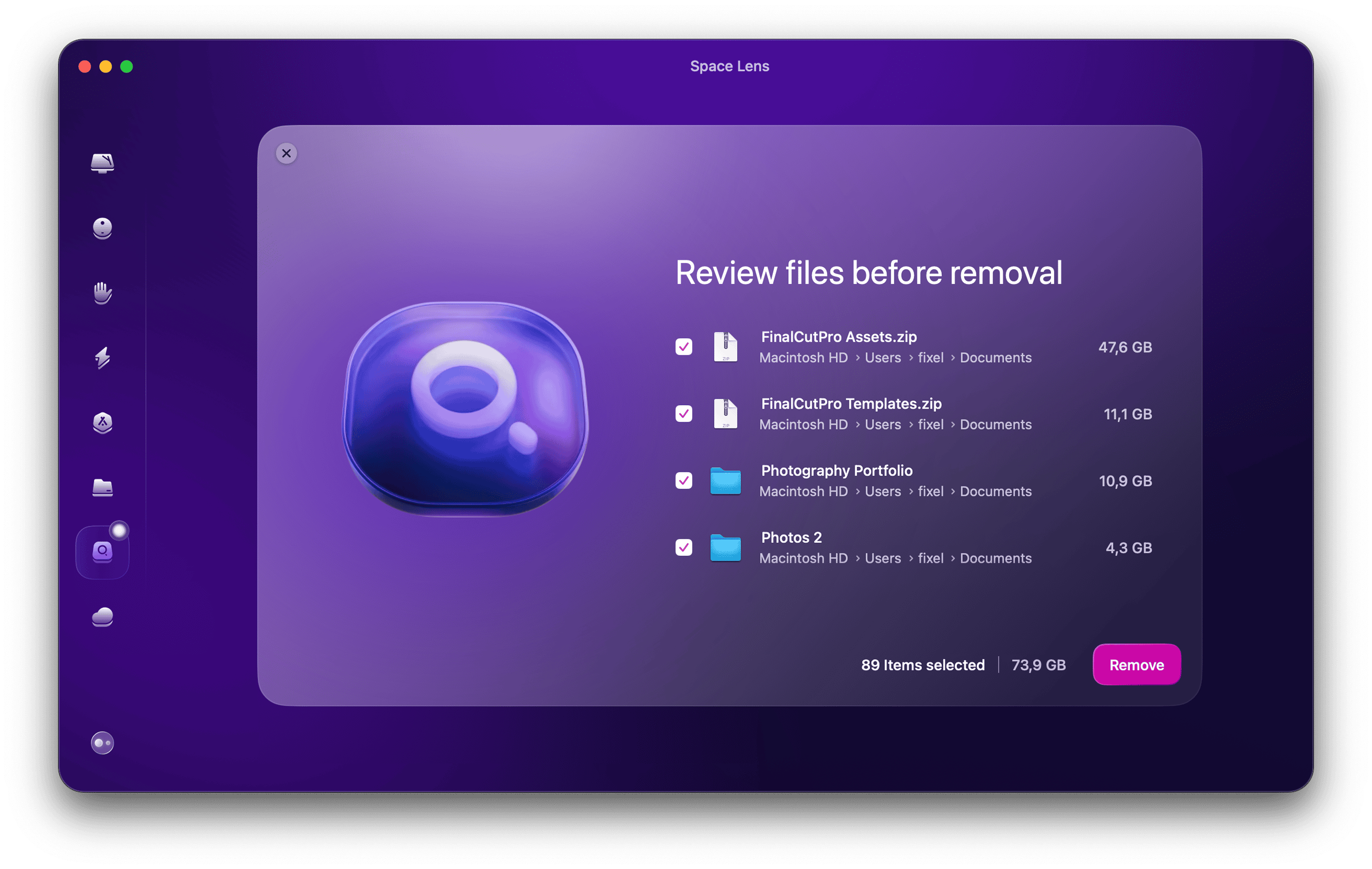 Select items using checkboxes or right-click actions, then click Review and Remove to finalize cleanup