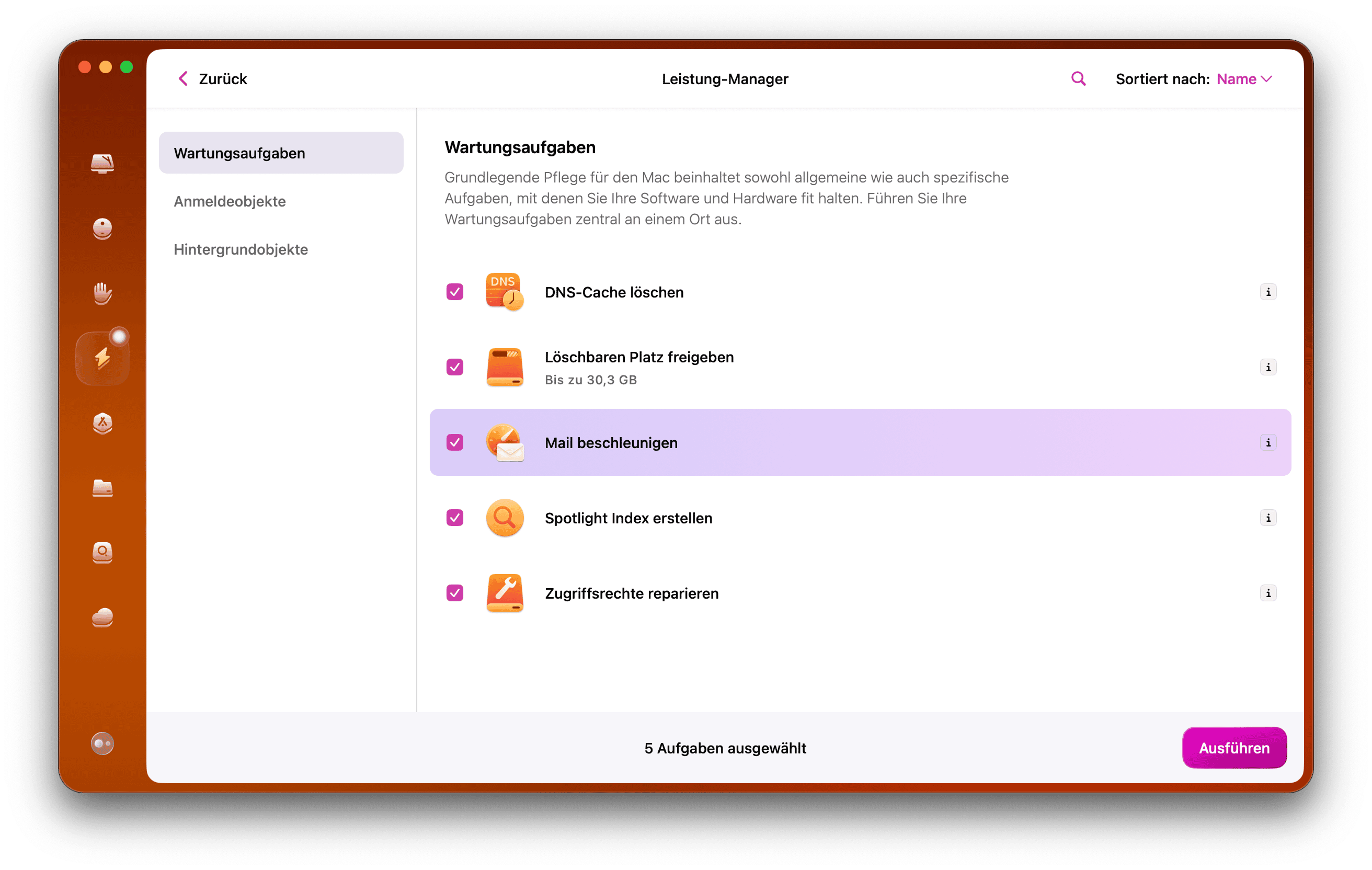 CleanMyMac &ndash; die Option &bdquo;Mail beschleunigen&ldquo;
