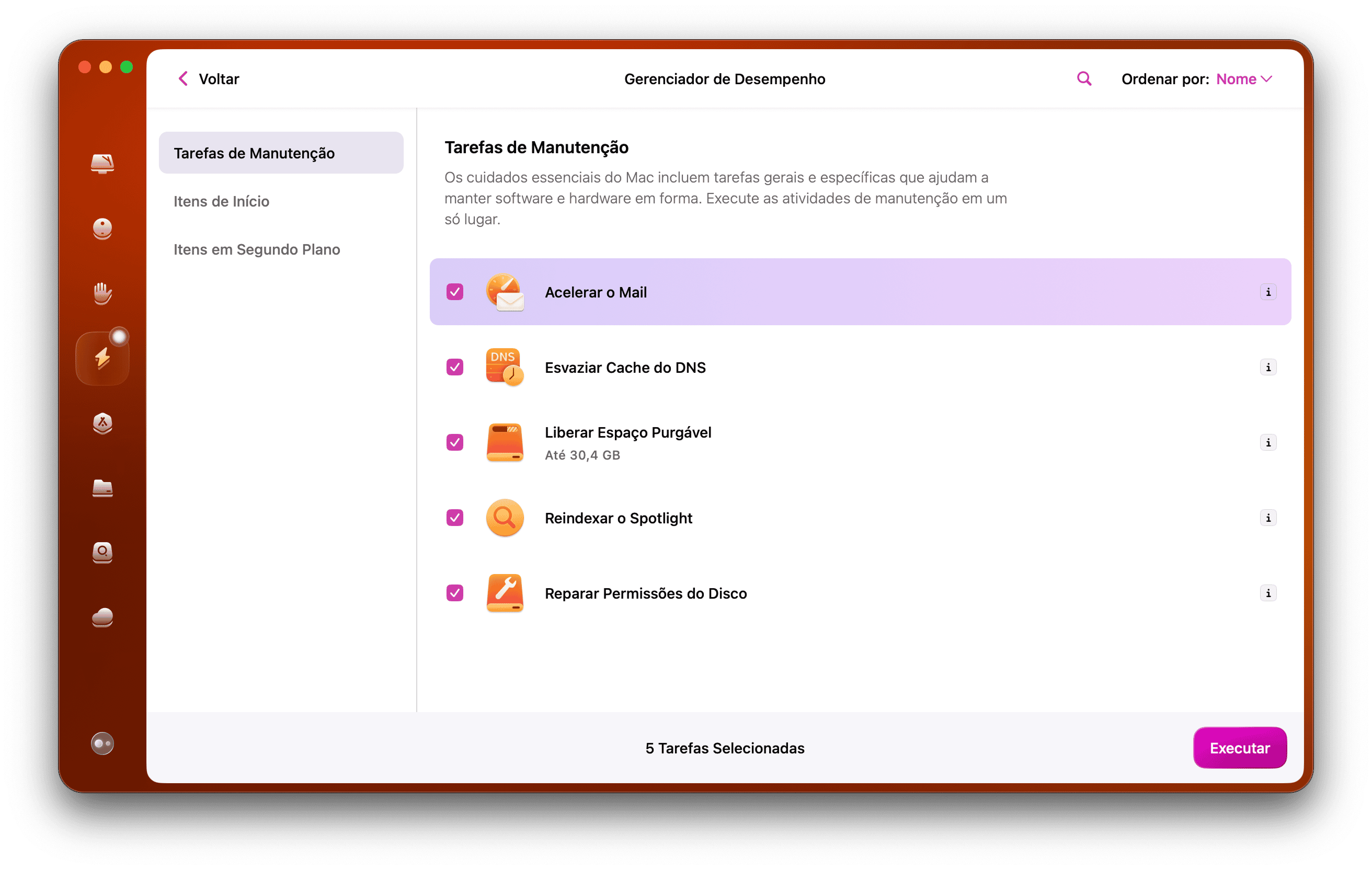 O m&oacute;dulo Desempenho do CleanMyMac