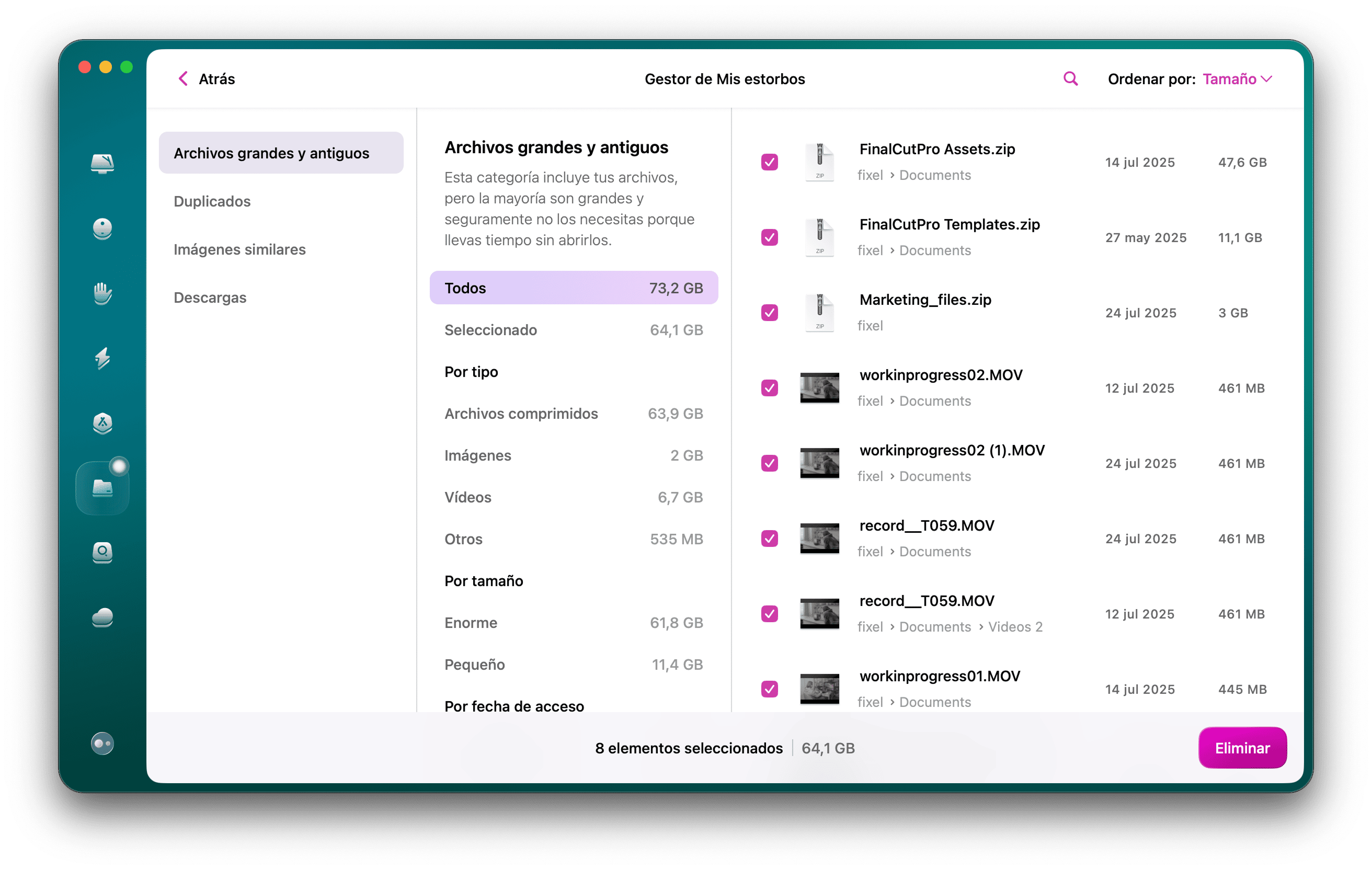 Elimina archivos grandes y antiguos