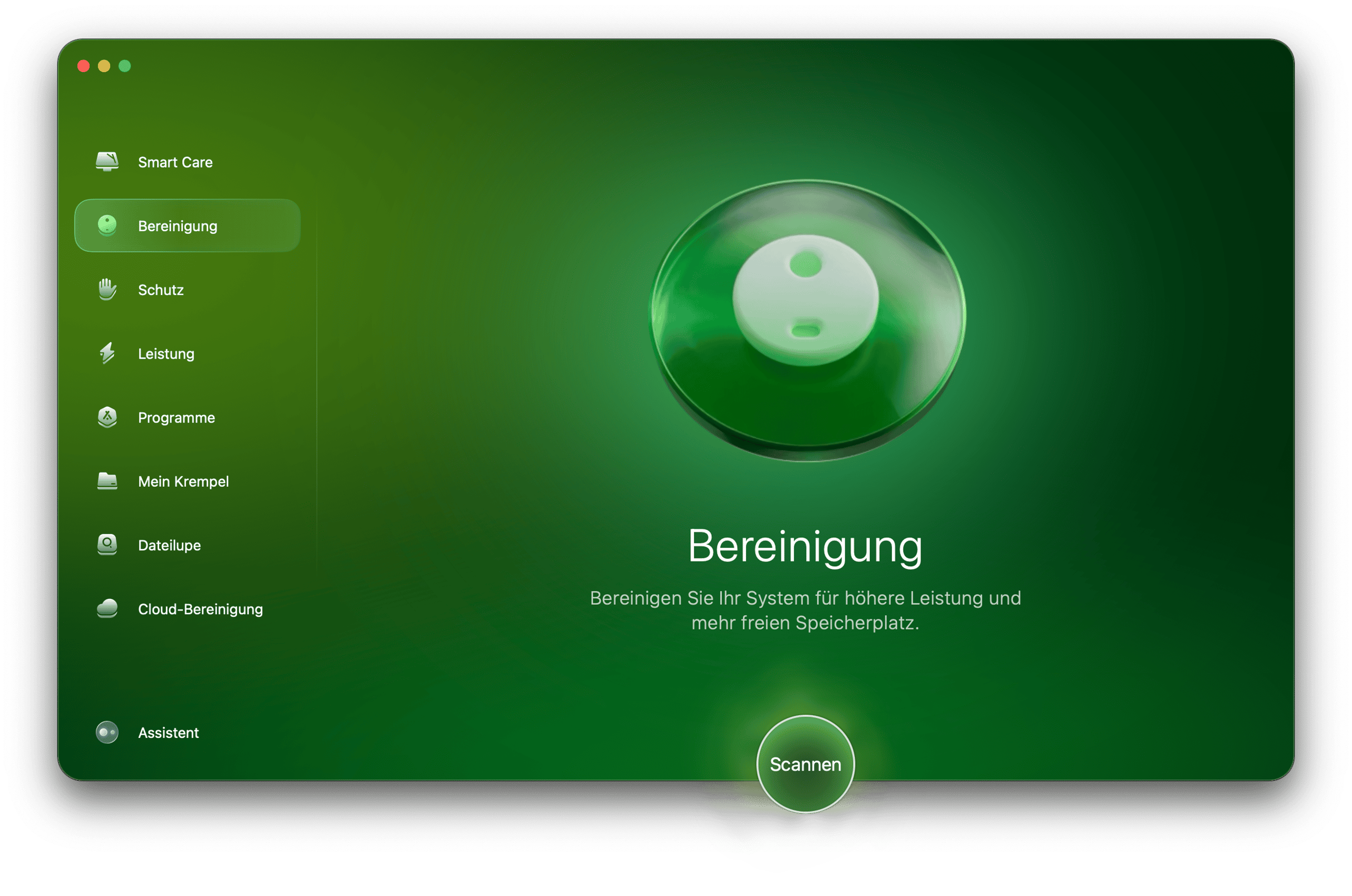 &Ouml;ffnen Sie die App und w&auml;hlen Sie in der Seitenleiste die Option &bdquo;Bereinigung&ldquo;