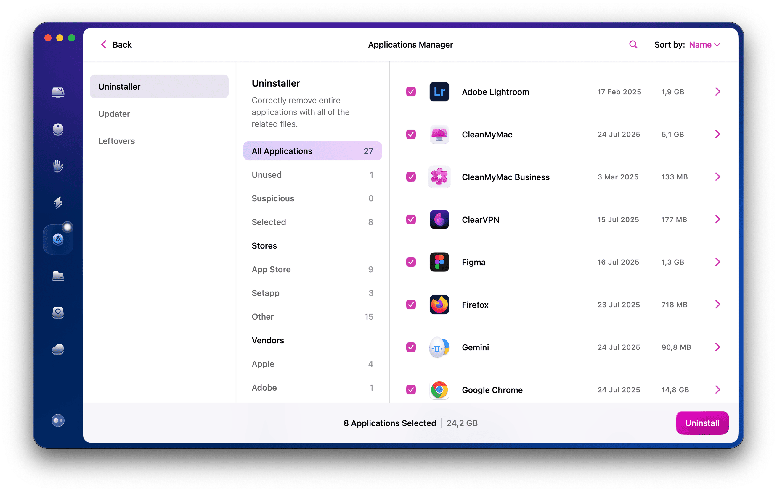 All apps selected in the Uninstaller module of CMM