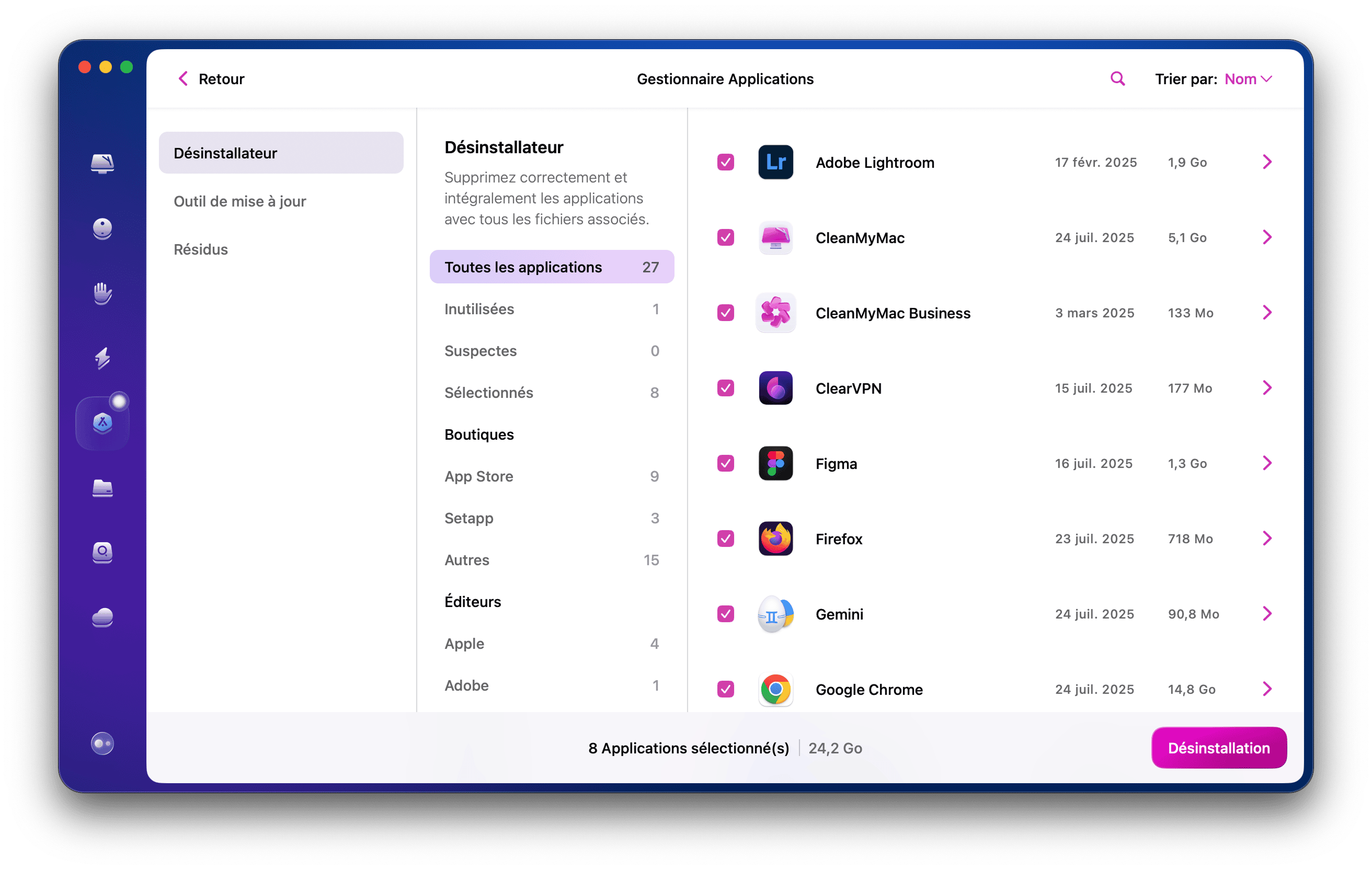 Toutes les applications s&eacute;lectionn&eacute;es dans le module D&eacute;sinstallateur de CMMX