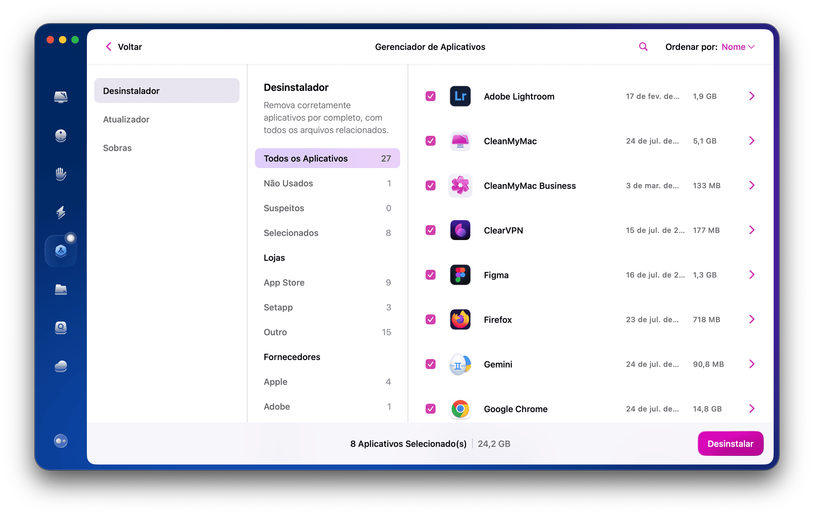 Todos os apps selecionados no m&oacute;dulo Desisntalador do CleanMyMac