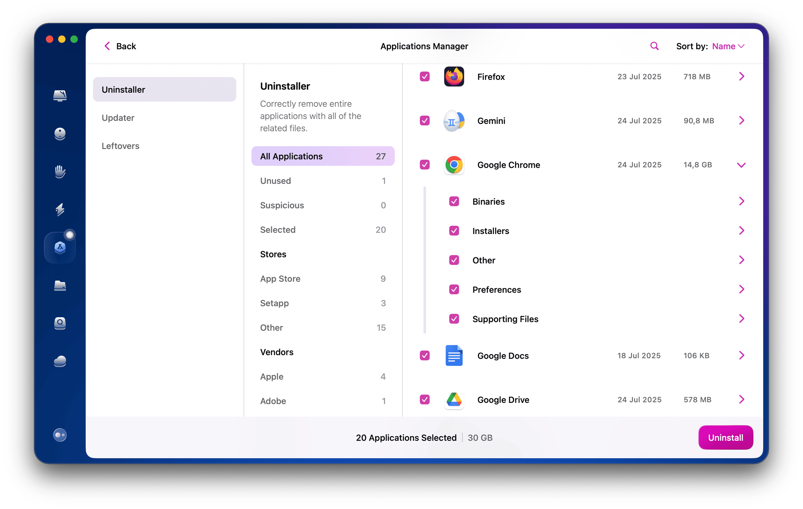 Chrome selected in the Uninstaller module in CleanMyMac