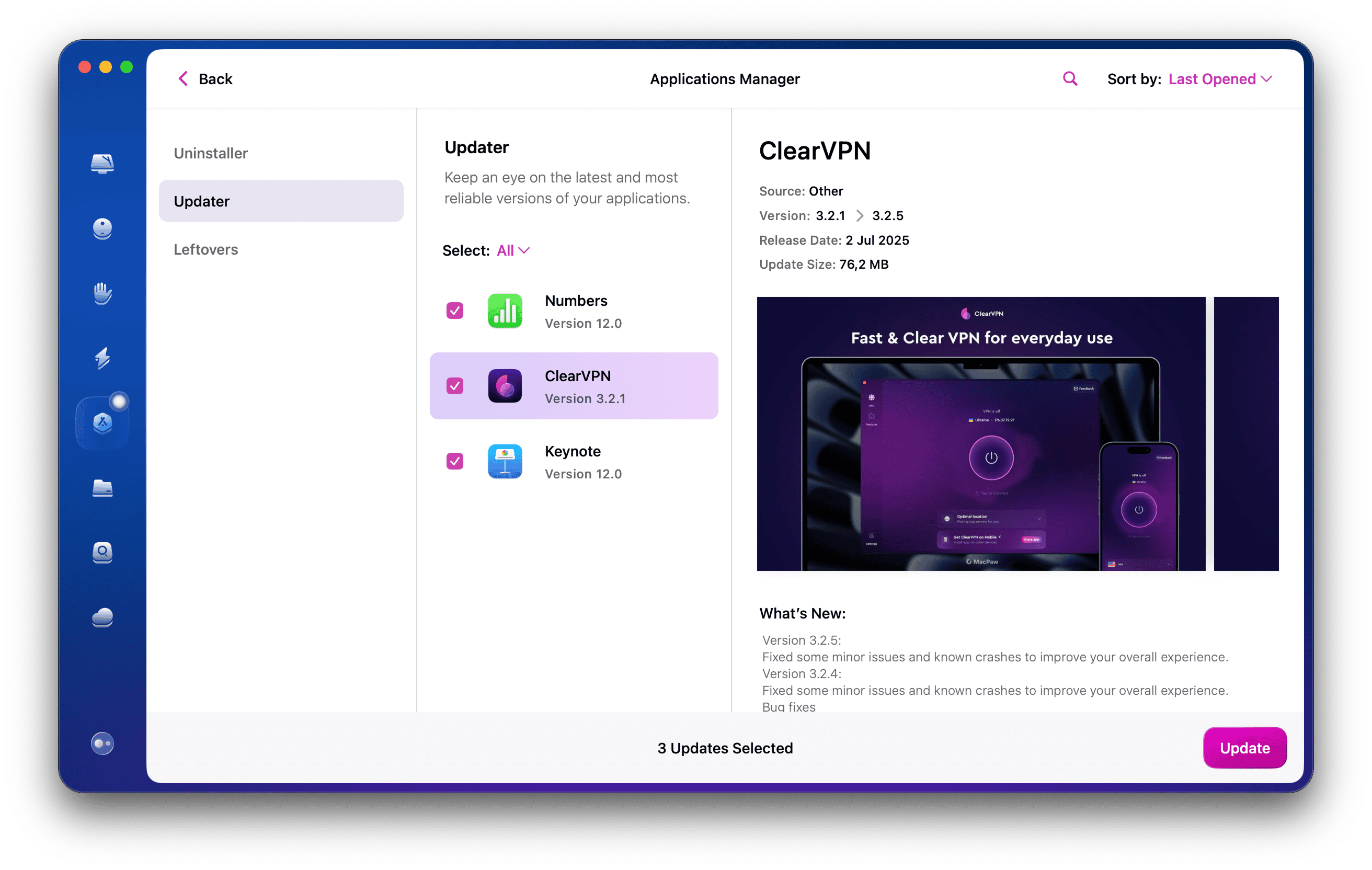 Scan complete and some list of apps shown in Updater tool of CleanMyMac