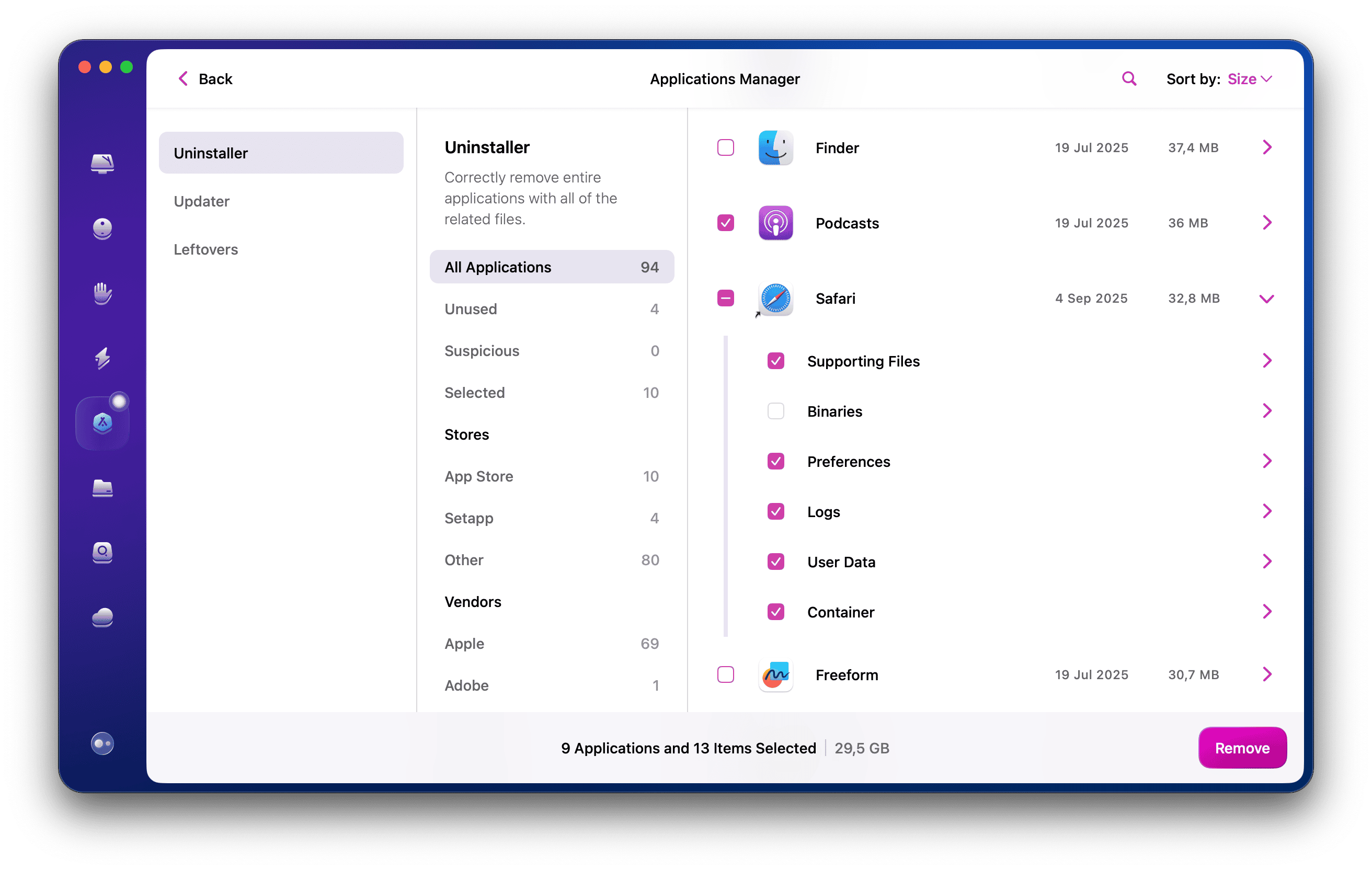Safari reset selected in the Uninstaller module in CMM