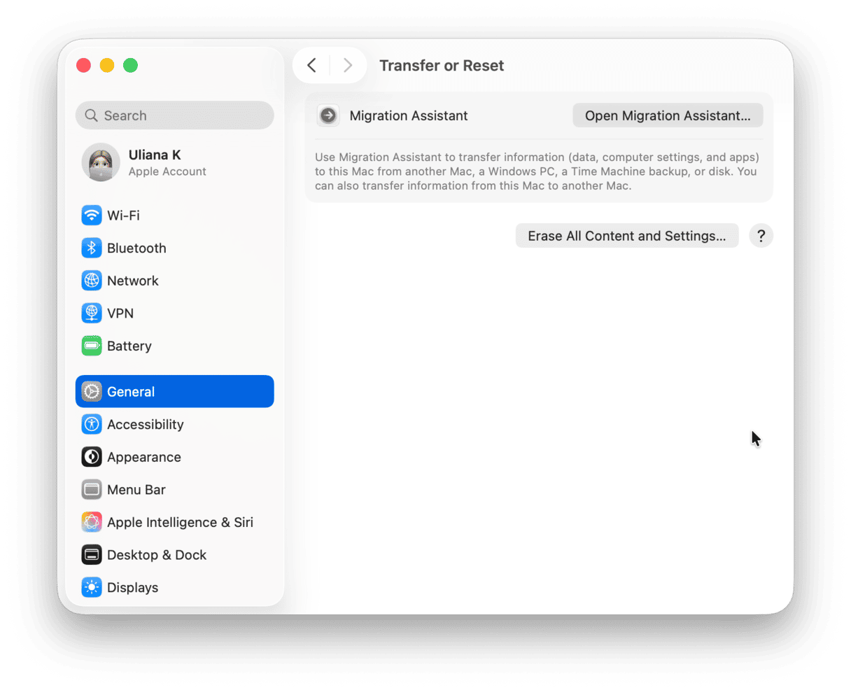 System Preferences - Transfer or Reset