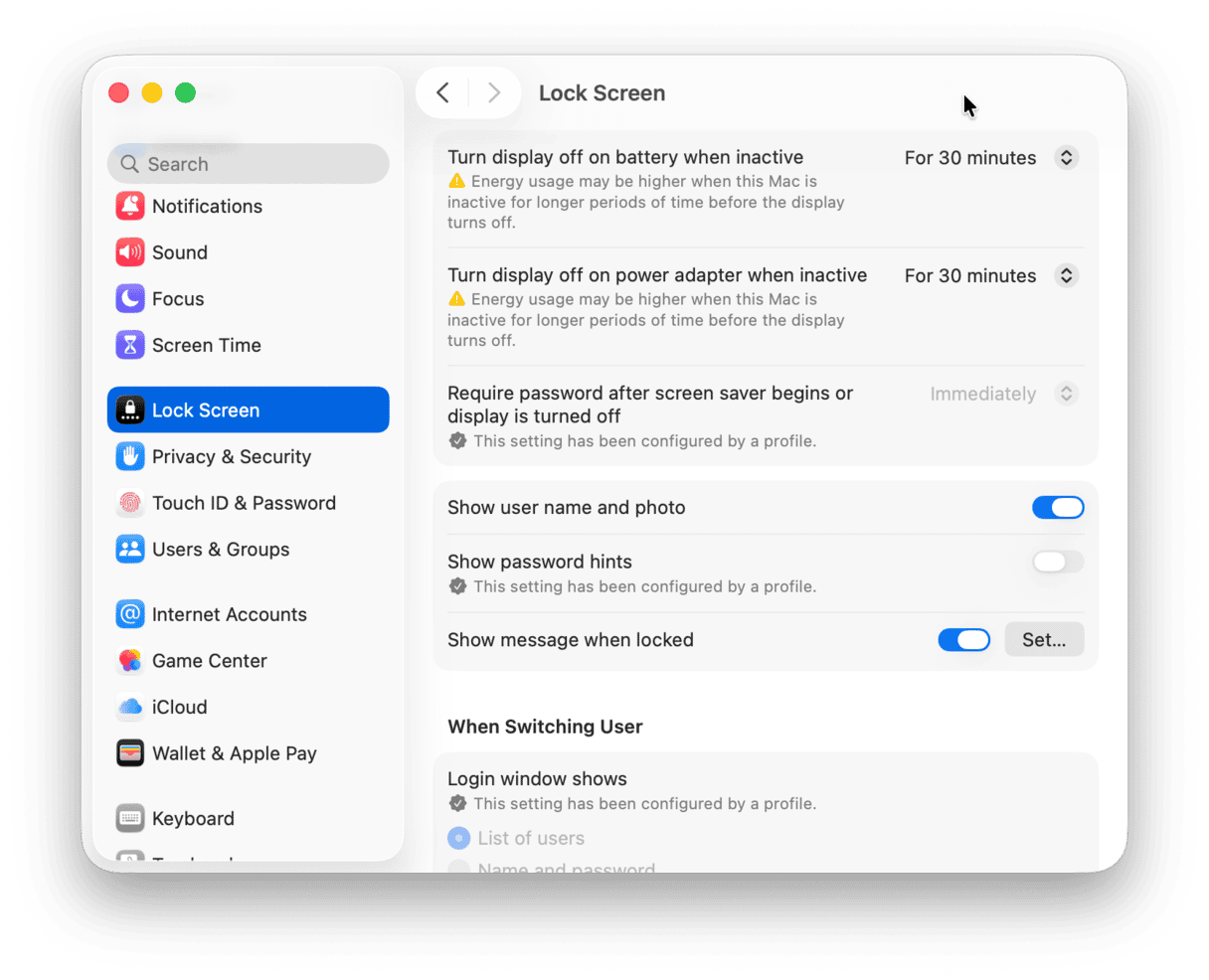 System Preferences - Lock Screen