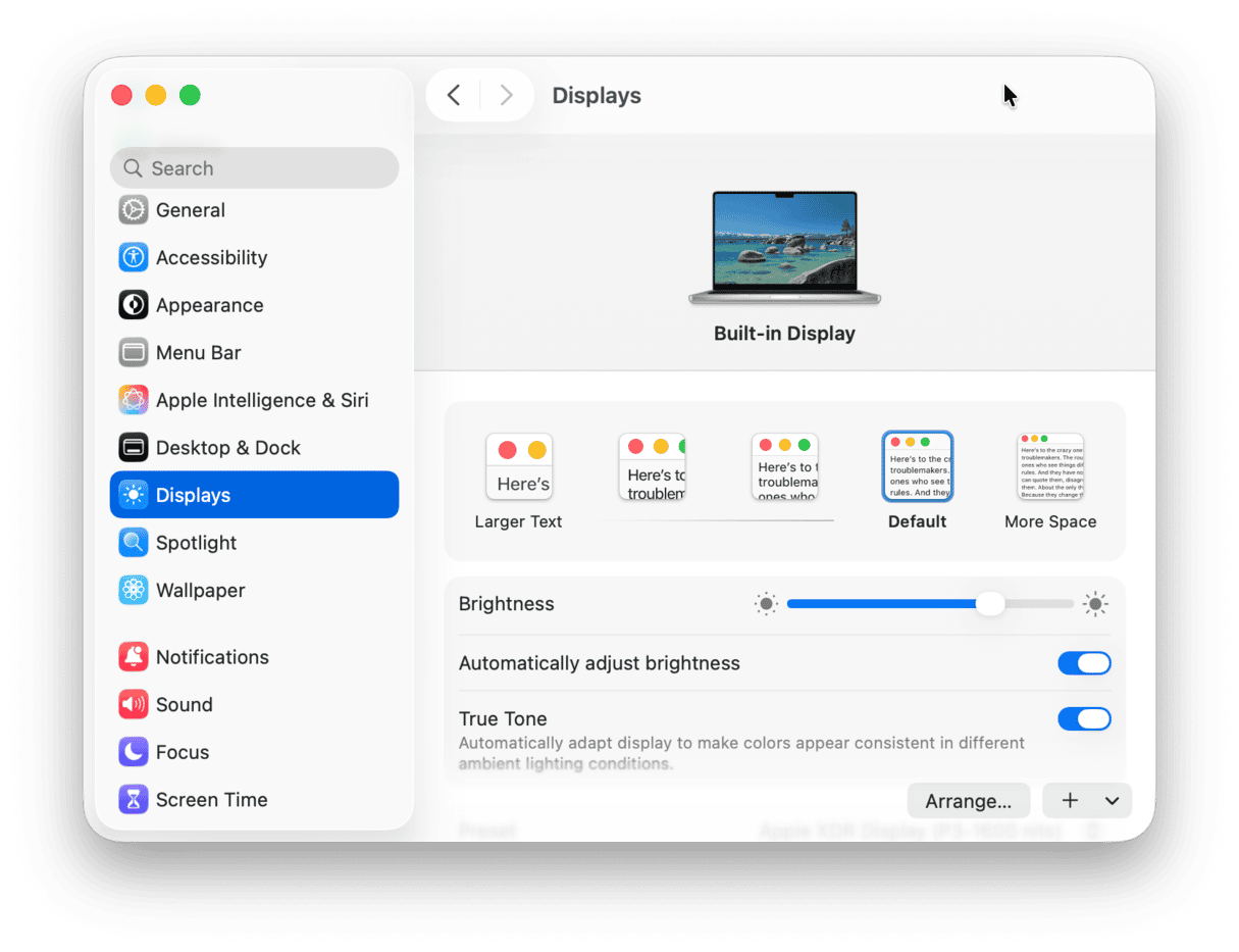 System Preferences - Displays settings