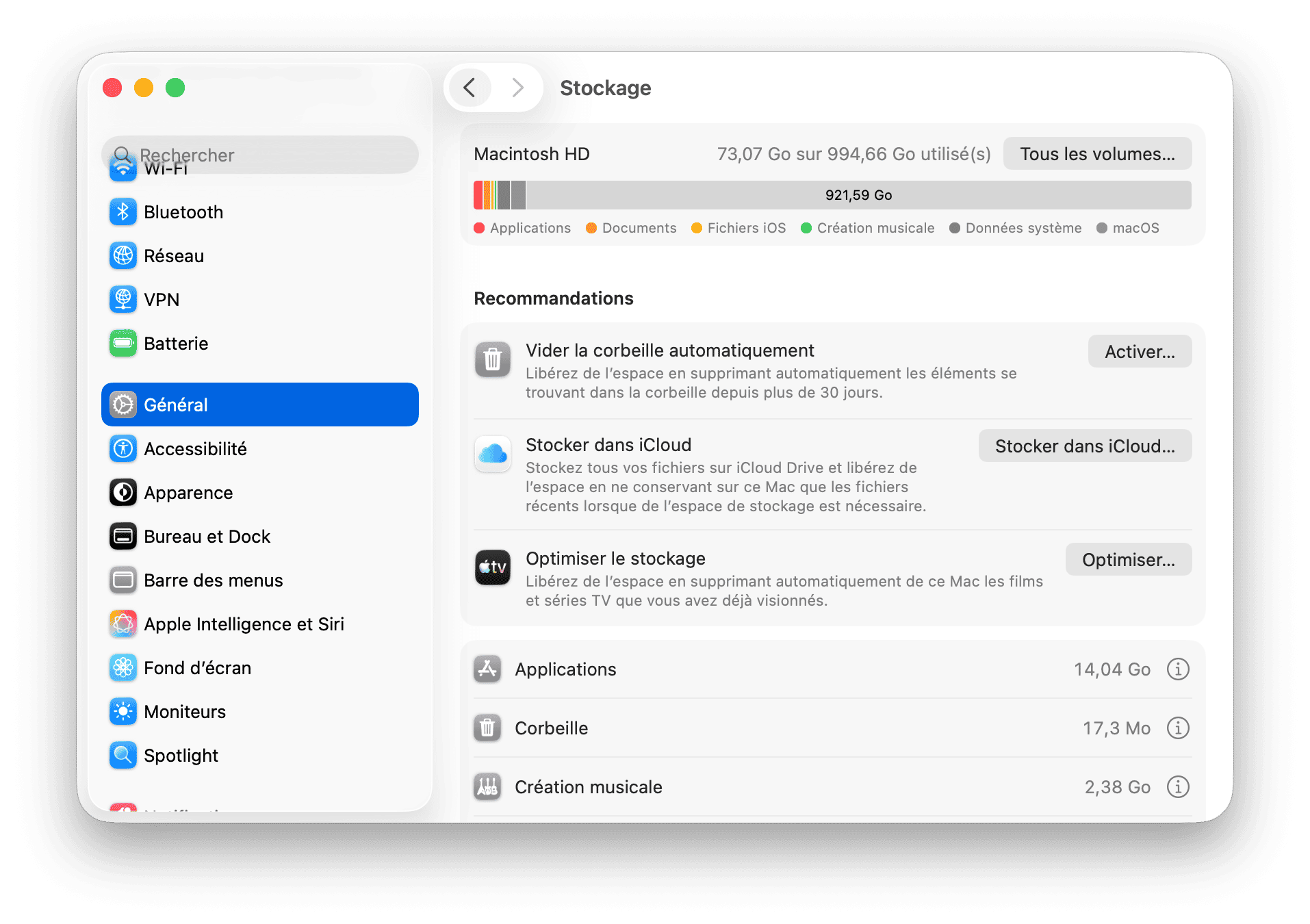 Reglages du systeme Stockage