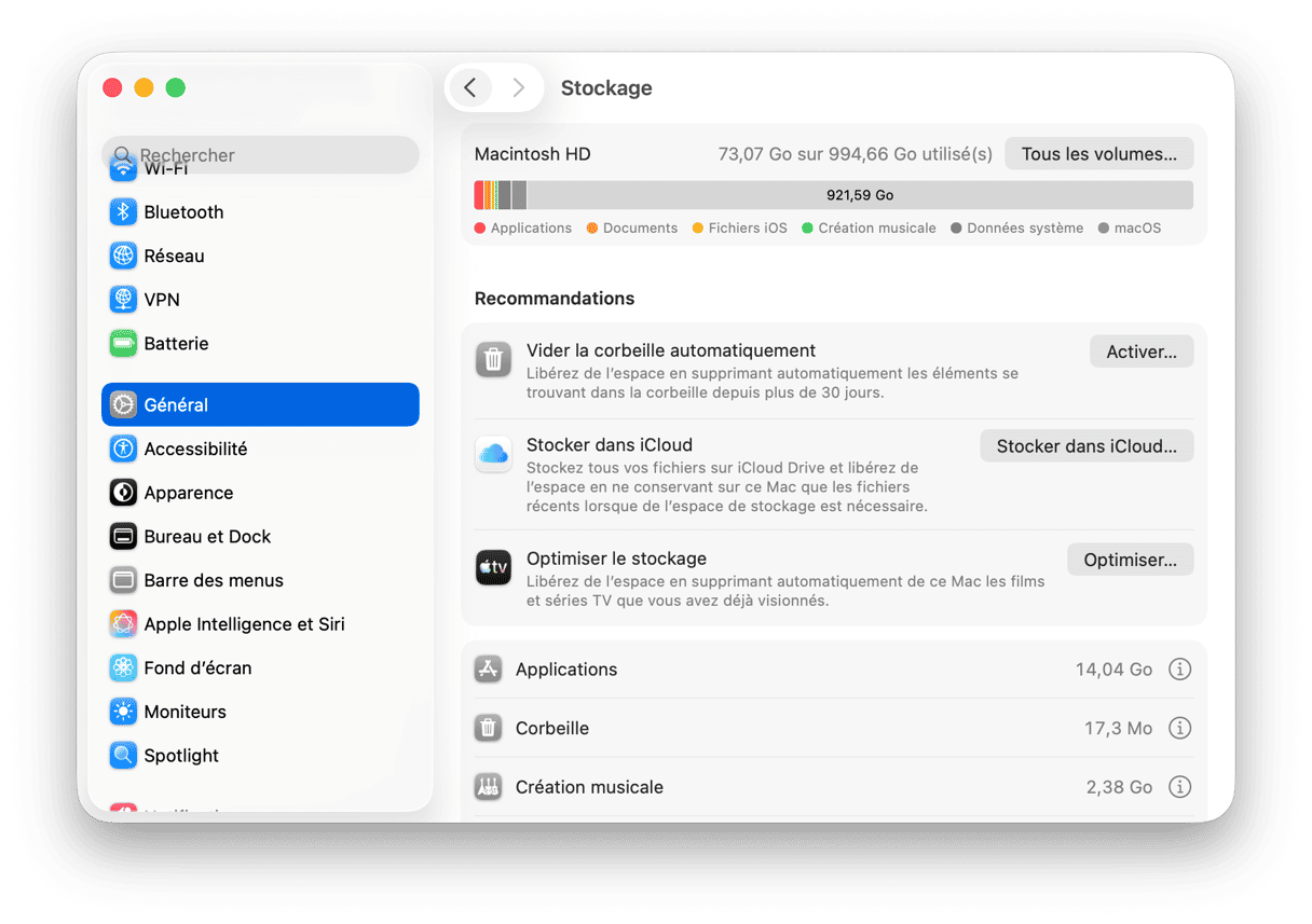 Reglages du systeme Stockage