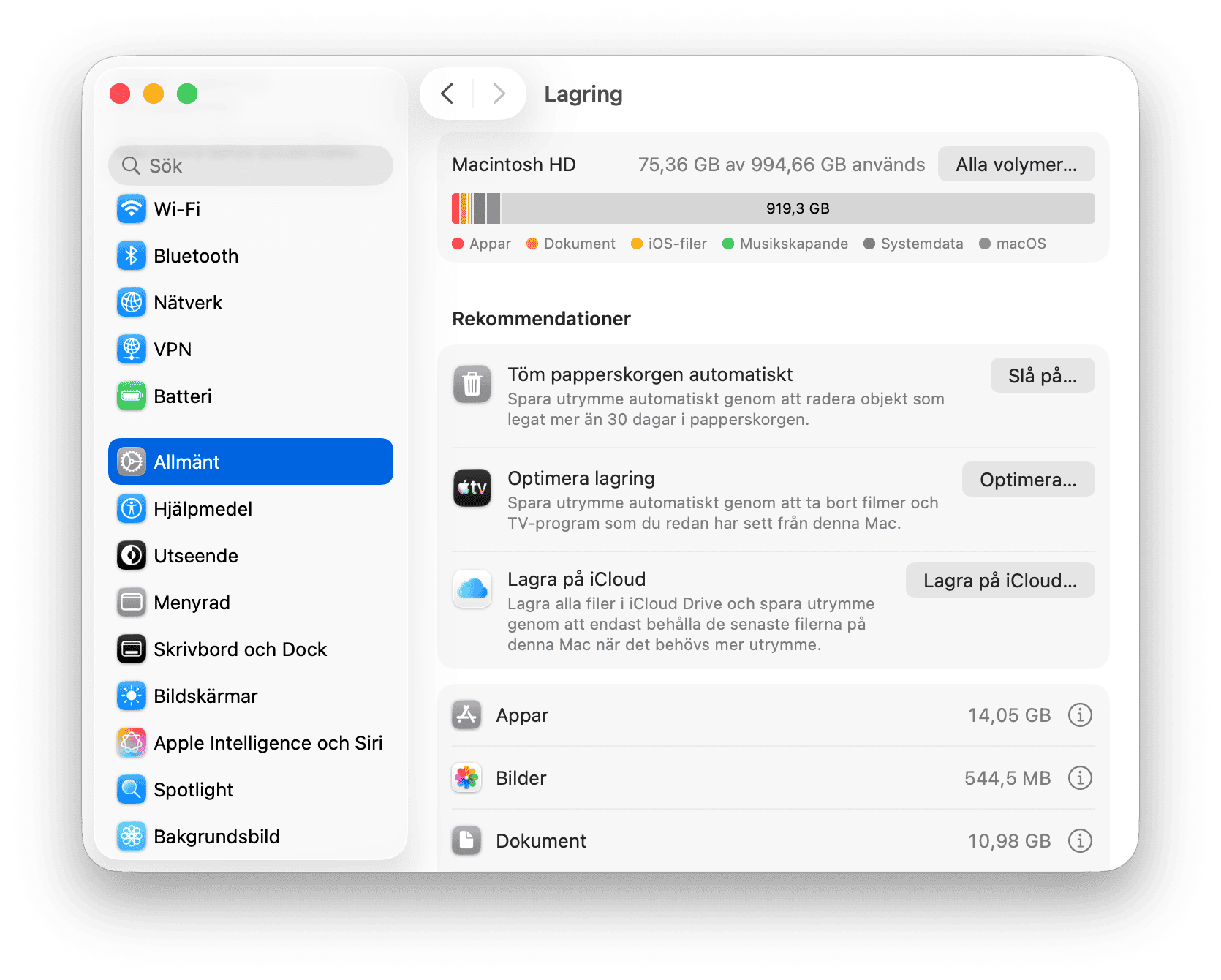systemet Inst&auml;llningar Lagring
