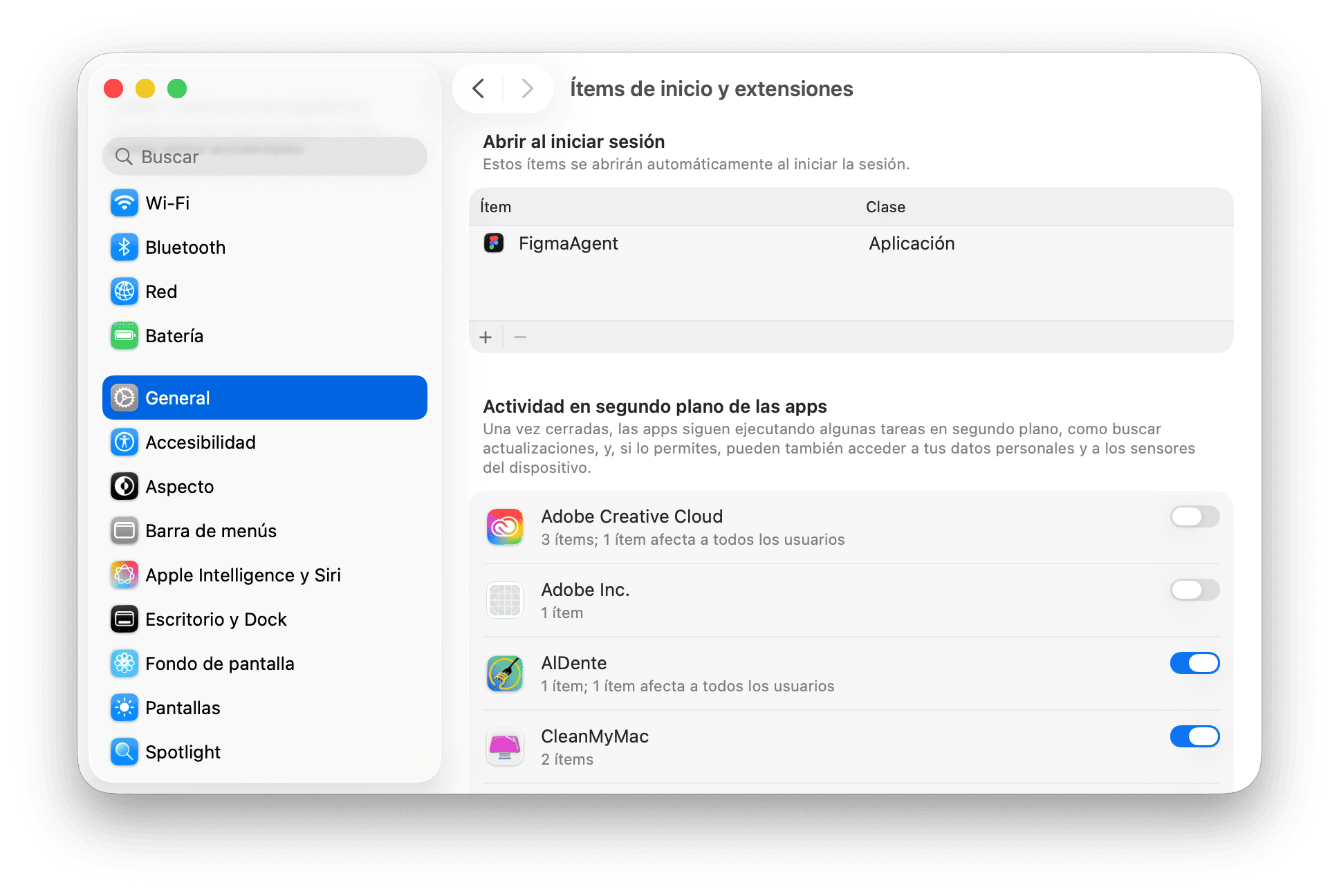 sistema preferencias items de inicio