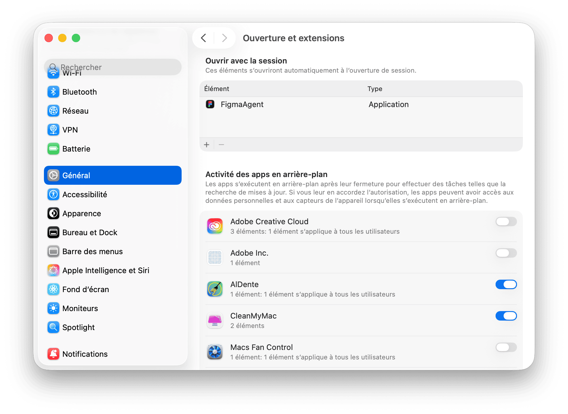 Reglages du systeme Ouverture