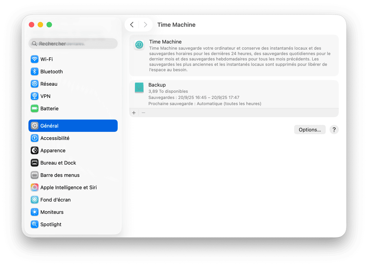 Reglages du systeme Time Machine
