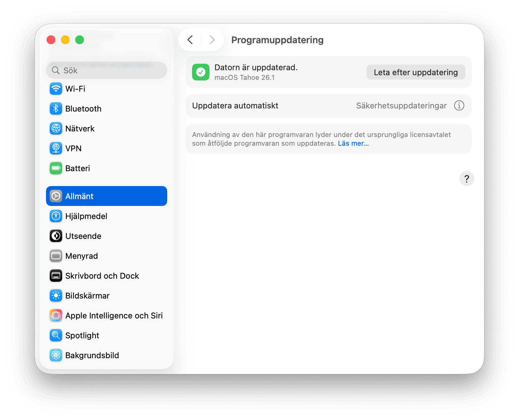 systemet Inst&auml;llningar Programuppdatering