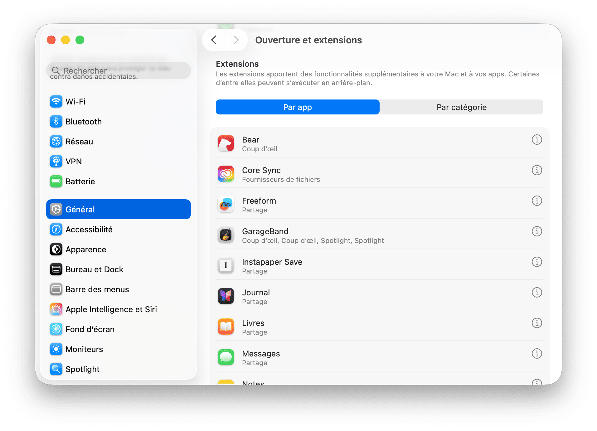 Reglages du systeme Extensions
