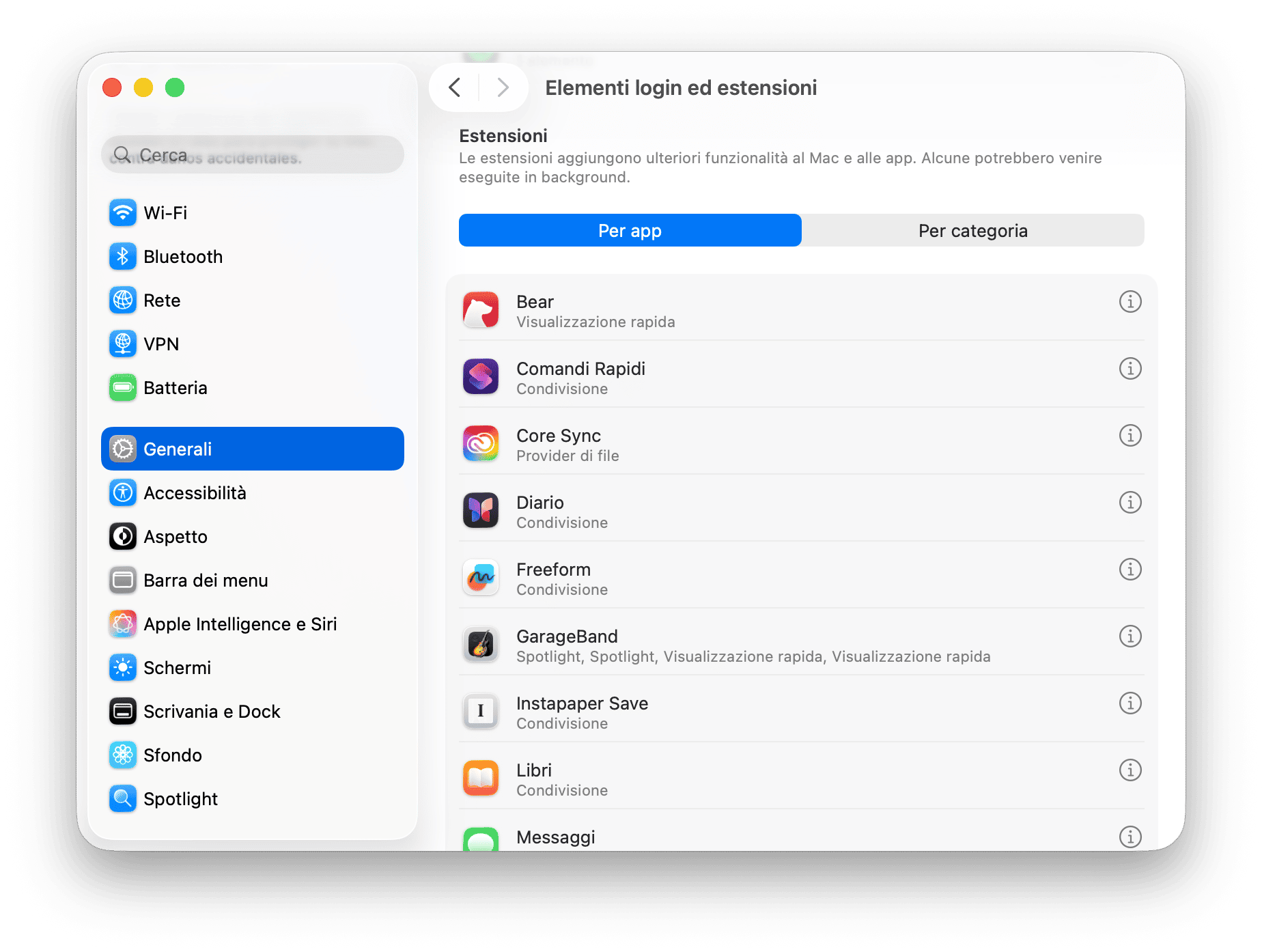 Preferenze di Sistema Estensioni