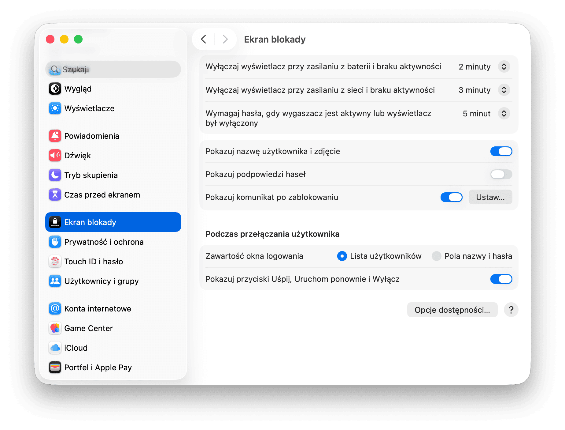 Ustawienia systemowe Blokowanie ekranu