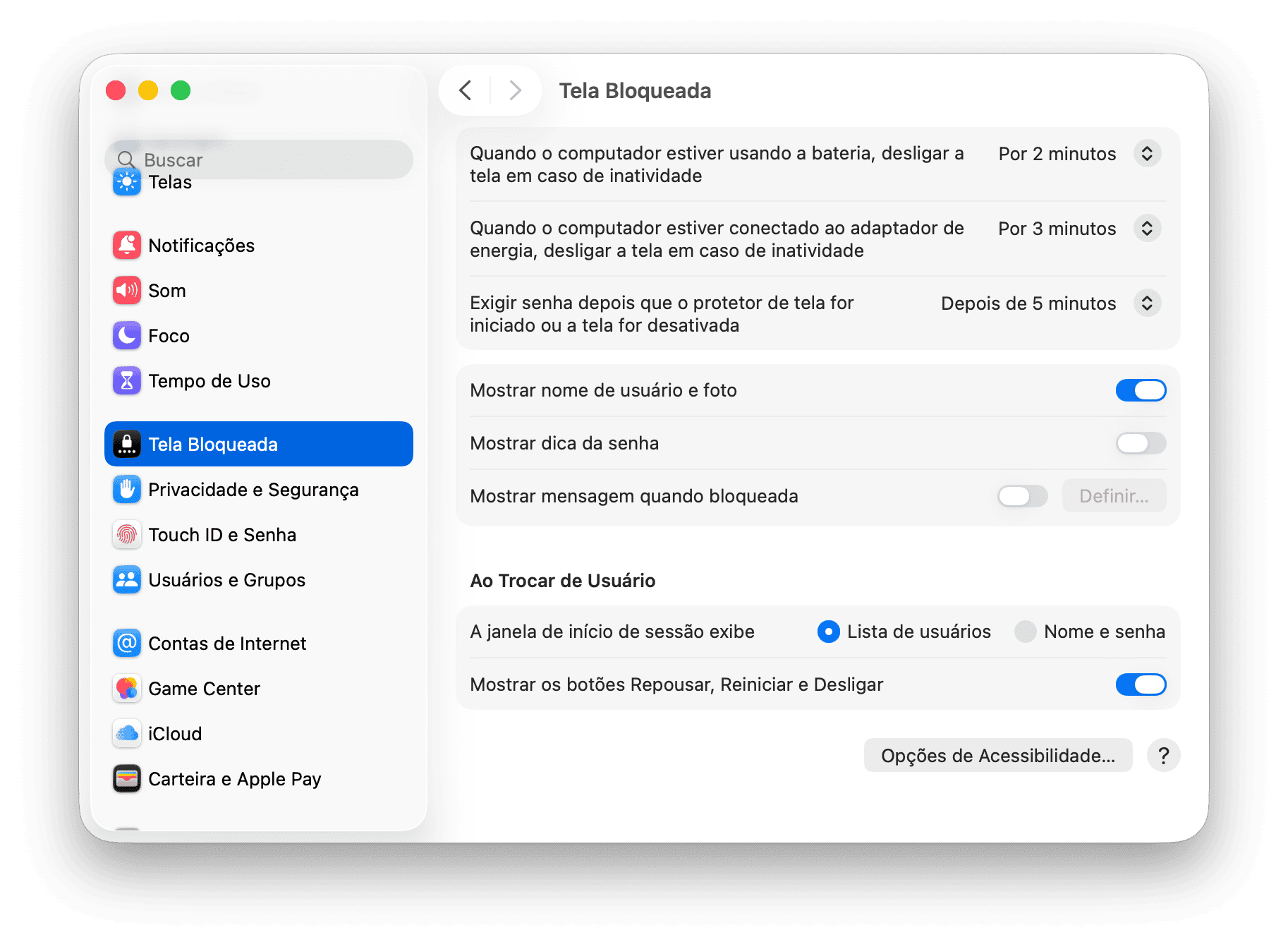 sistema Prefer&ecirc;ncias Tela de bloqueio
