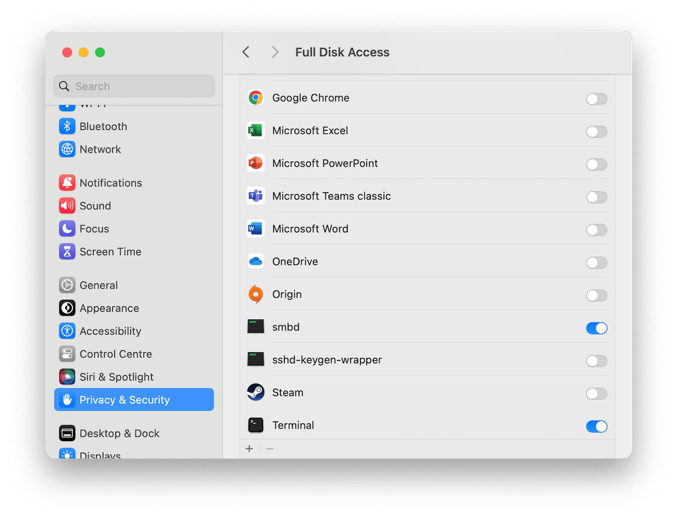 Disk Access preferences