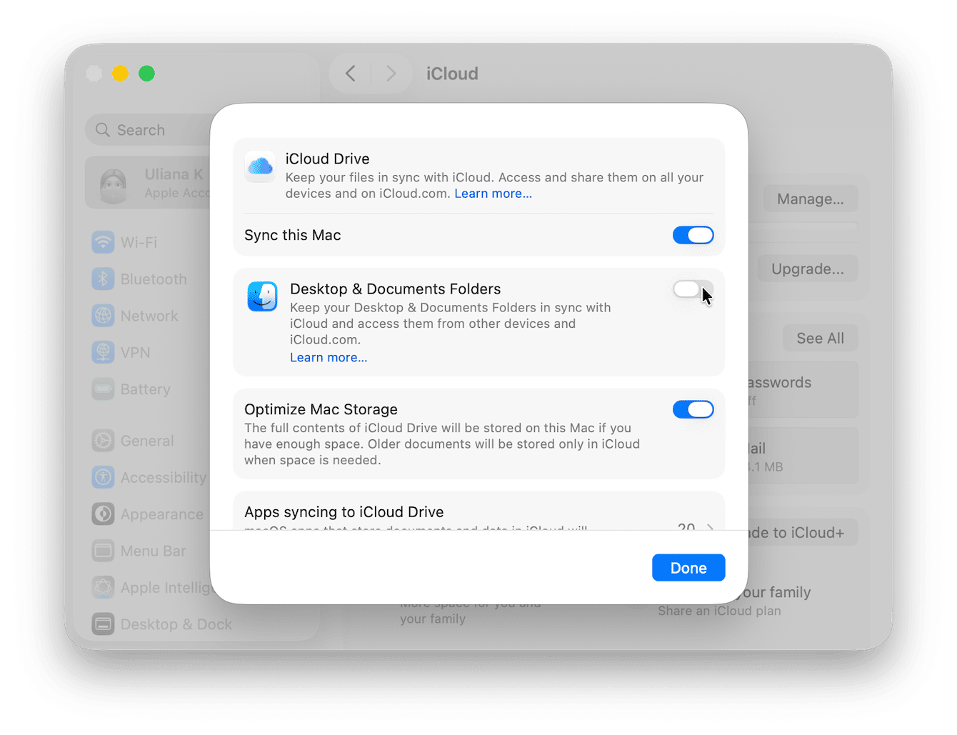 iCloud Drive settings