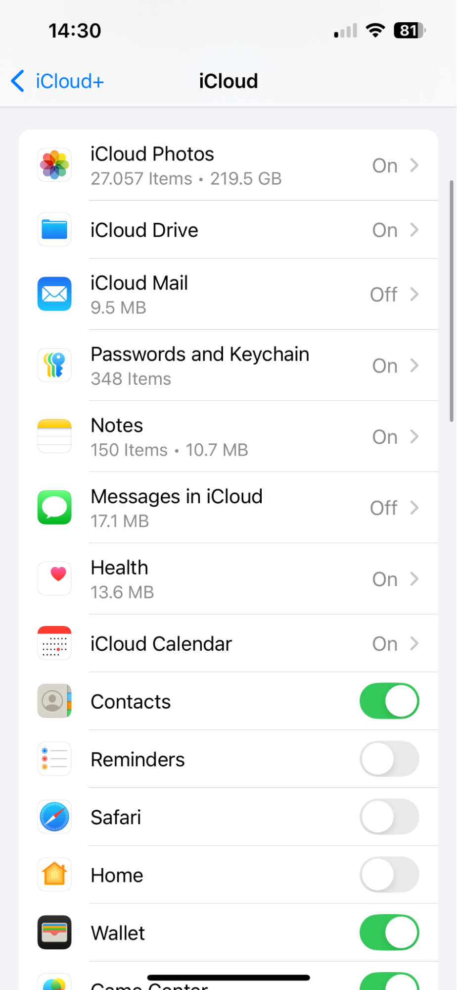iCloud settings on iPhone