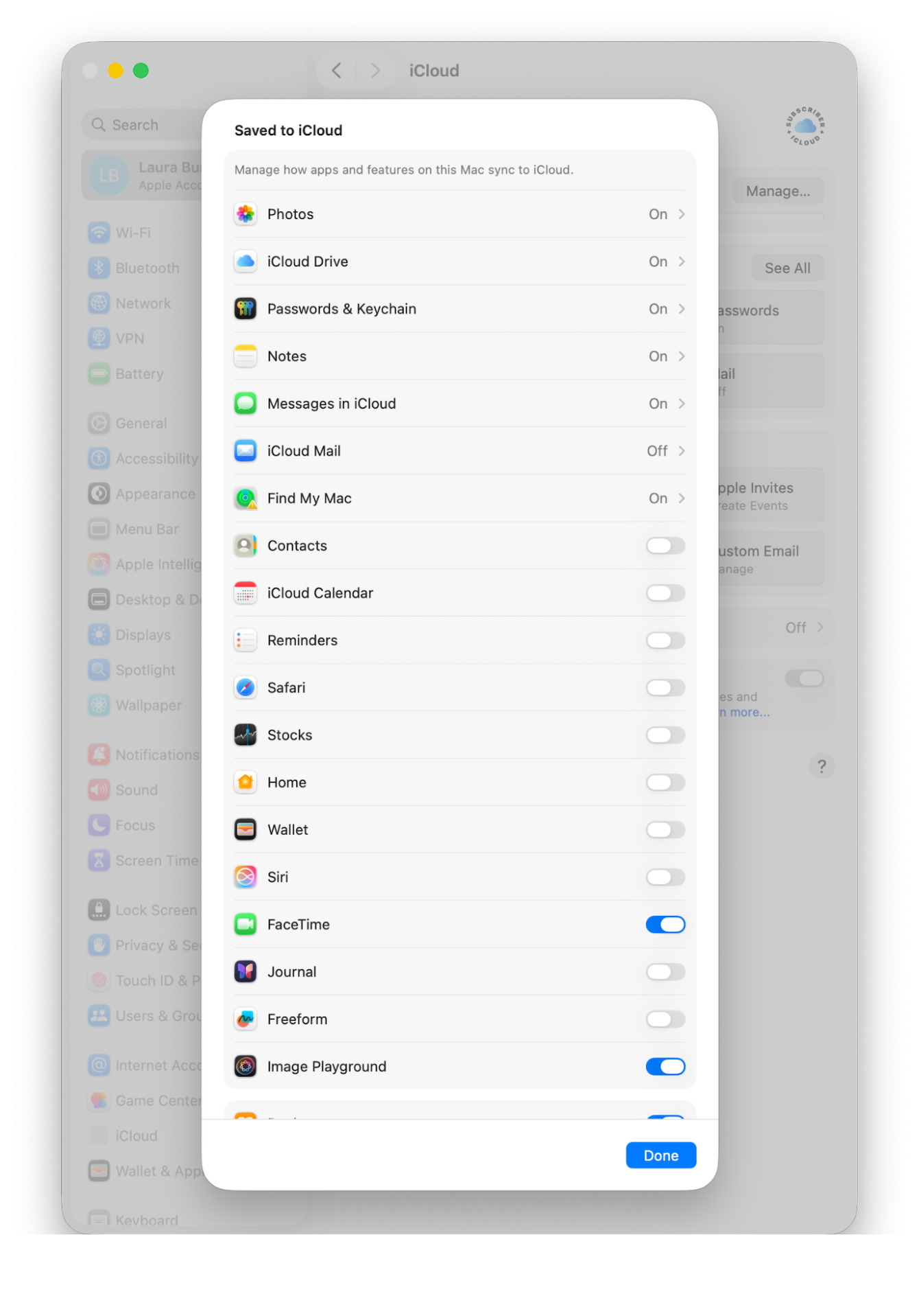iCloud settings on Mac