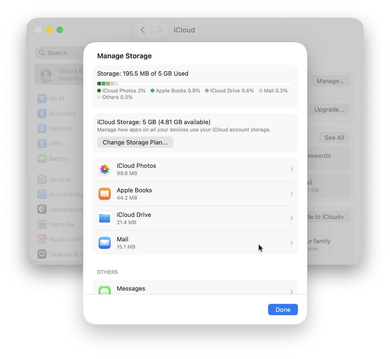 System Settings > Apple Account > iCloud > Manage