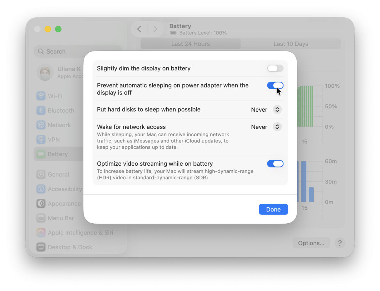 Prevent automatic sleeping on power adapter when the display is off