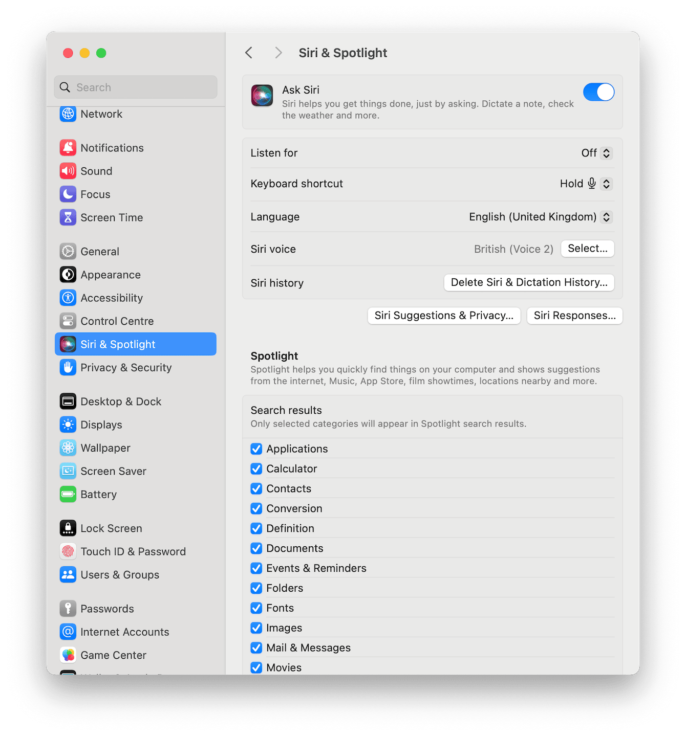 System Settings &ndash; Siri & Spotlight