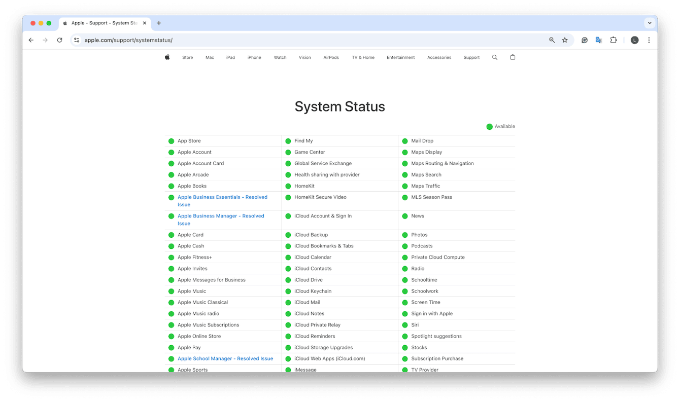 Apple's System Status page